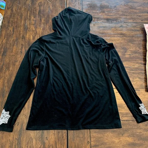Soft Boho Mandala Hooded Long Sleeve Top 🌙 Black Witchy Yoga Shirt Size L - Picture 3 of 8